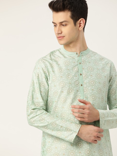 

House of Pataudi Men Sea Green & White Printed Straight Kurta