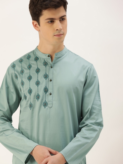 

House of Pataudi Men Sea Green Solid Straight Kurta with Embroidered Detail