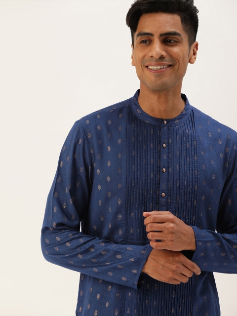 

House of Pataudi Men Navy Blue & Gold-Coloured Woven Design Straight Kurta