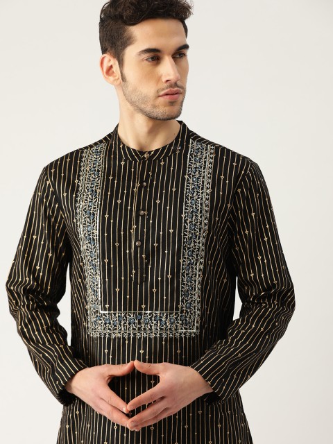 

House of Pataudi Men Black & Golden Striped Straight Kurta