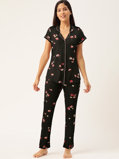 

Sweet Dreams Women Black & Coral Pink Floral Printed Night suit