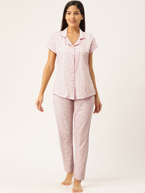 

Sweet Dreams Women Pink & Grey Typography Printed Night suit