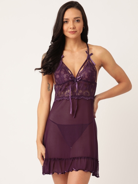 

Sweet Dreams Purple Lace Detail Solid Net Baby Doll With Thongs