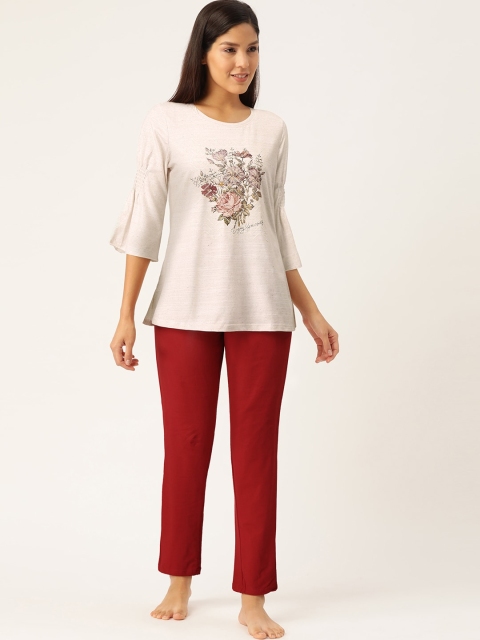 

Sweet Dreams Women Off-White & Maroon Floral Print Night suit
