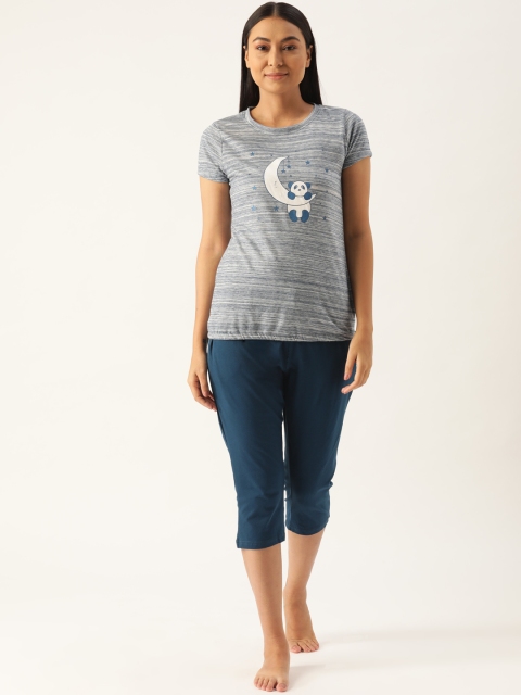 

Sweet Dreams Women Grey & Teal Blue Striped Capri Set