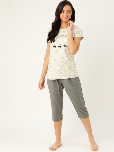 

Sweet Dreams Women Off-White & Charcoal Grey Fuzzy Applique Night suit