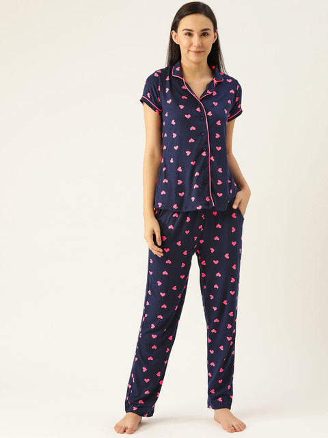 

Sweet Dreams Women Navy Blue & Pink Hearts Printed Night suit