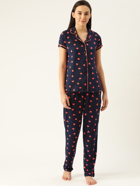 

Sweet Dreams Women Navy Blue & Coral Orange Hearts Printed Night suit