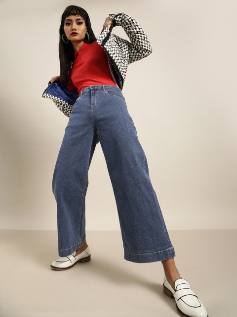 

Moda Rapido Women Blue Wide Leg Mid-Rise Anti-Viral Wash Stretchable Cropped Jeans
