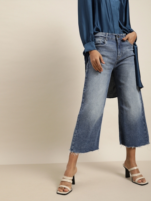 

Moda Rapido Women Blue Wide Leg Mid-Rise Clean Look Stretchable Cropped Jeans