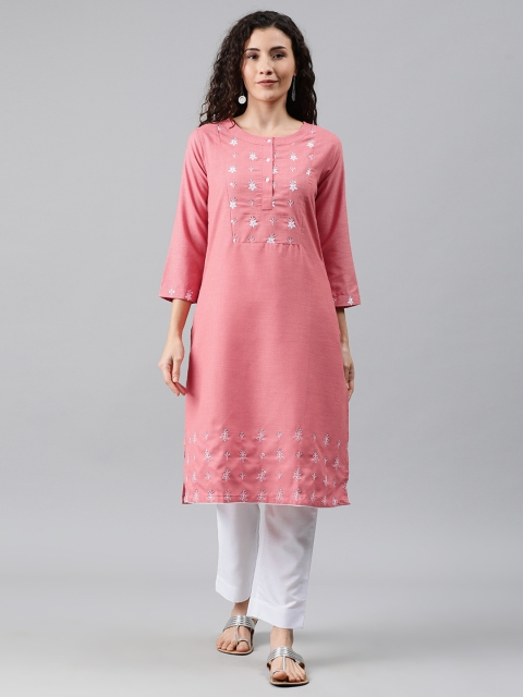 

MIMOSA Women Pink & White Embroidered Kurta with Trousers