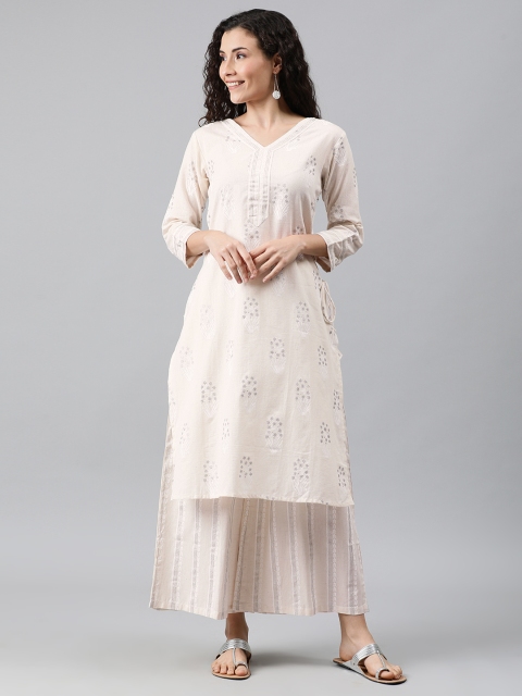 

MIMOSA Women Off-White & Silver-Toned Printed Kurta with Palazzos