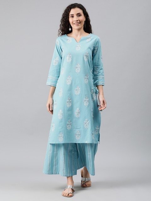 

MIMOSA Women Turquoise Blue & White Printed Kurta with Palazzos