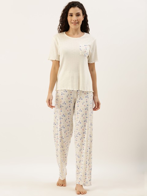 

Slumber Jill Women White Heart Self Design Night suit With Lettuce Edge