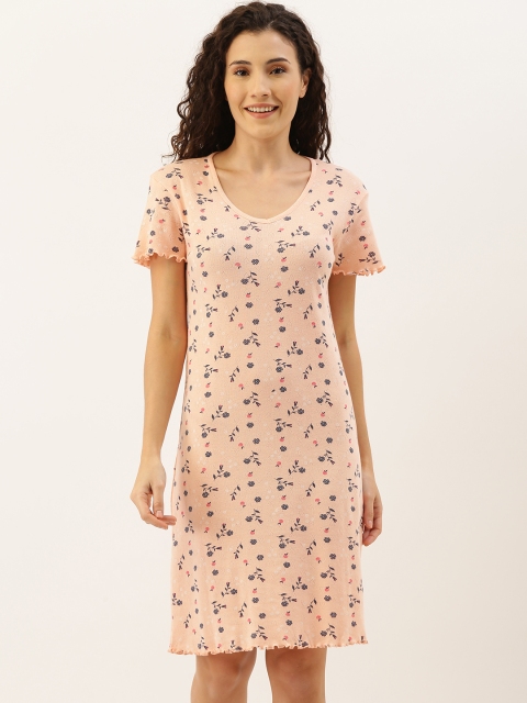 

Slumber Jill Women Peach-Colour & Black Floral Print Knit Sleep Shirts With Lettuce Edge
