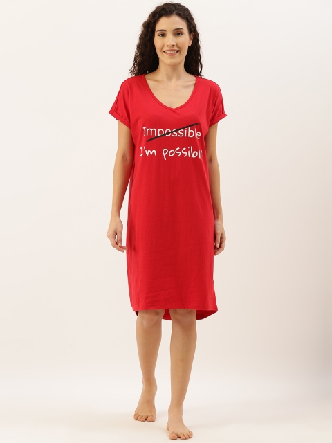 

Slumber Jill Women Red Printed Loose Fit Knitted Sleep Shirts
