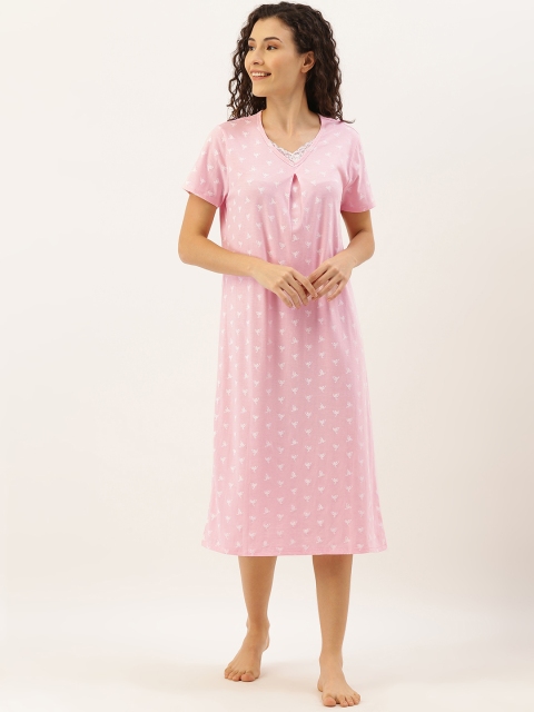 

Slumber Jill Pink & White Floral Printed Sleep Shirt With Lace Inserts