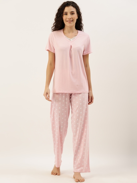 

Slumber Jill Women Pink Solid Night suit With Lace Inserts