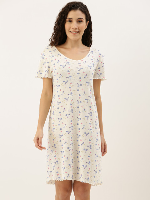 

Slumber Jill Women White & Blue Floral Printed Knitted Sleep Shirts With Lettuce Edge