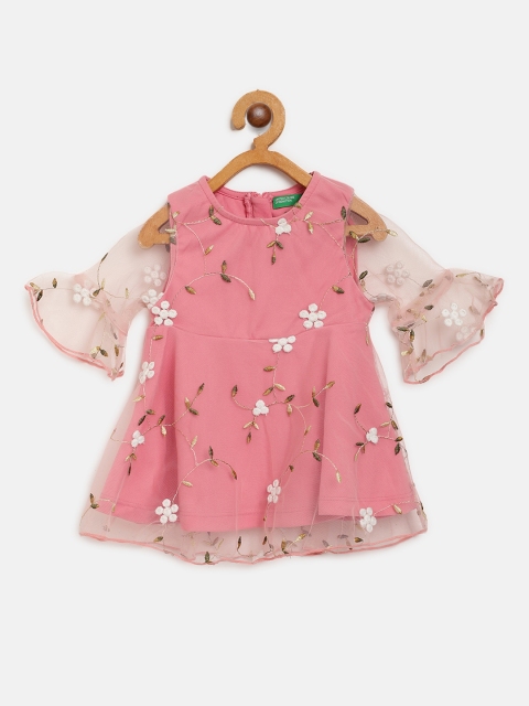 

United Colors of Benetton Girls Pink & White Embroidered A-Line Dress