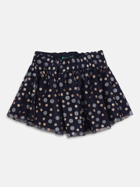 

United Colors of Benetton Girls Navy & Golden Shimmer Dot Print Flared Skirt, Navy blue