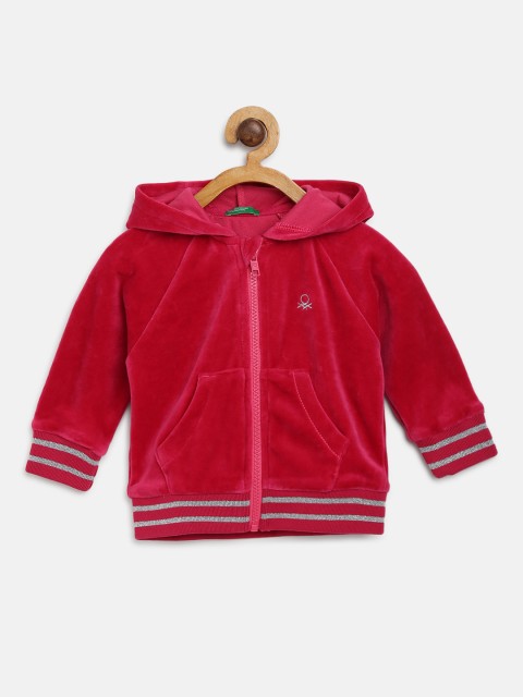 

United Colors of Benetton Girls Magenta Solid Hooded Velour Sweatshirt