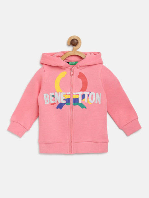 

United Colors of Benetton Girls Pink Brand Logo Print Hooded Sweatshirt