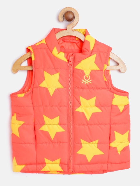 

United Colors of Benetton Girls Coral Orange & Yellow Star Print Puffer Jacket