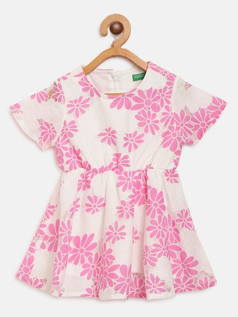 

United Colors of Benetton Girls White & Pink Floral Lace Fit & Flare Dress
