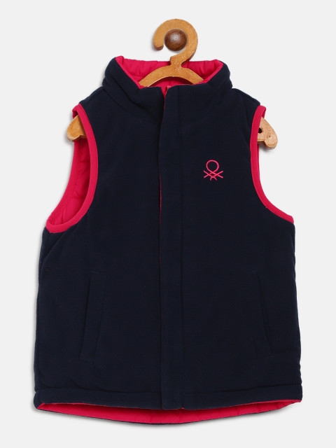 

United Colors of Benetton Kids Navy & Pink Solid Reversible Fleece Padded Jacket