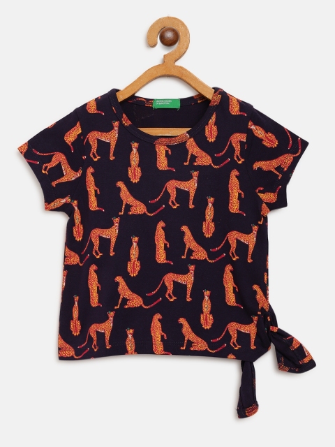 

United Colors of Benetton Girls Black & Mustard Yellow Cheetah Print Pure Cotton Top