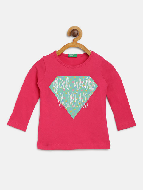 

United Colors of Benetton Girls Pink & Green Typography Print Round Neck T-shirt