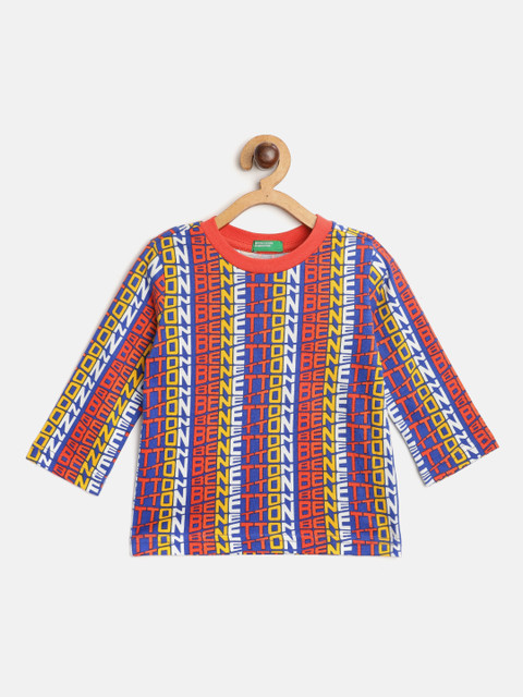 

United Colors of Benetton Boys Blue & Red Cotton Brand Logo Print T-shirt
