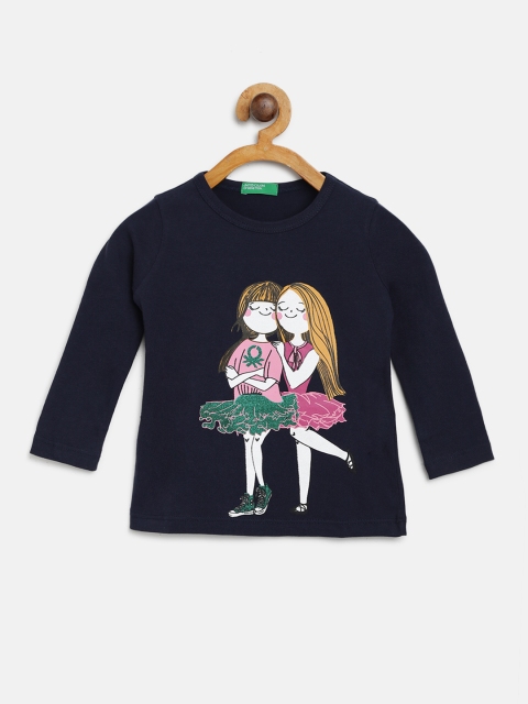 United Colors of Benetton Girls Navy Blue & Pink Graphic Print Round Neck T-shirt