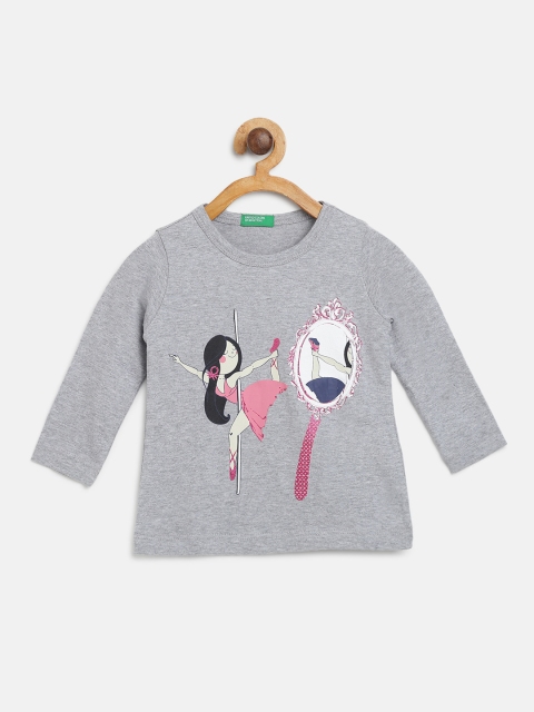

United Colors of Benetton Girls Grey Melange Graphic Print Round Neck T-shirt