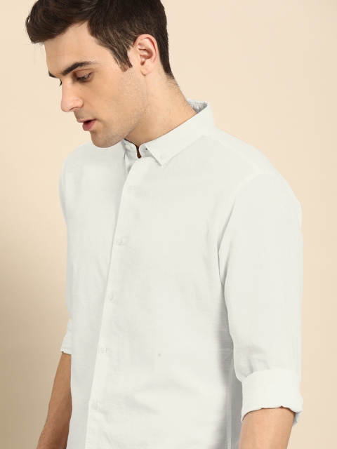 

ether Men White Antimicrobial Cotton Linen Shirt