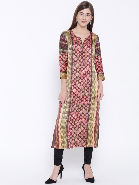 Folklore Women Pink & Yellow Printed Straight Kurta available at myntra for Rs.419
