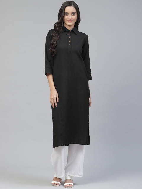 

TJORI Women Black Solid Handloom Straight Kurta