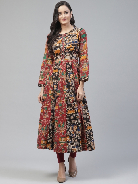 

TJORI Women Rust Red & Black Handloom Kalamkari Quirky Printed A-Line Kurta