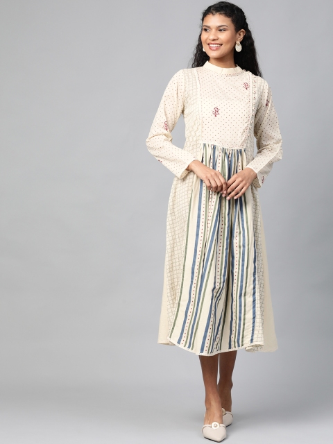 

TJORI Women Off-White & Blue Handloom Handblock Printed A-Line Dress