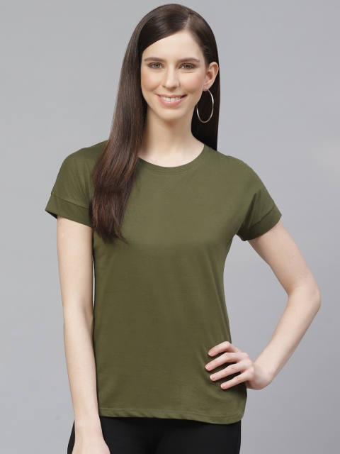 

VividArtsy Women Olive Green Solid High-Low Round Neck T-shirt