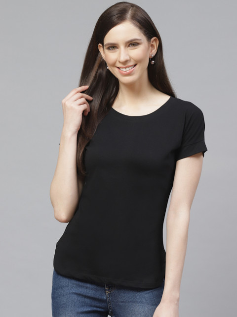 

VividArtsy Women Black Solid Round Neck T-shirt