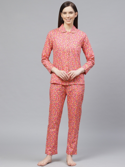 

VividArtsy Women Pink & Yellow Printed Night suit