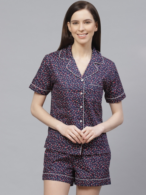 

VividArtsy Women Navy Blue & Red Floral Print Night suit