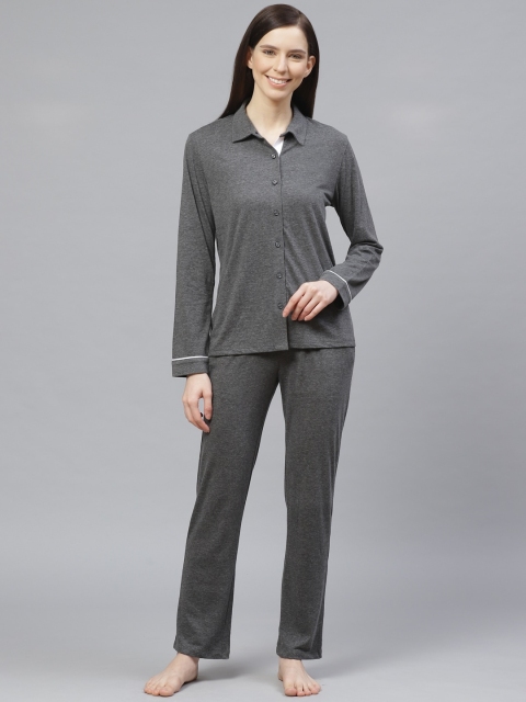 

VividArtsy Women Charcoal Grey Solid Night suit