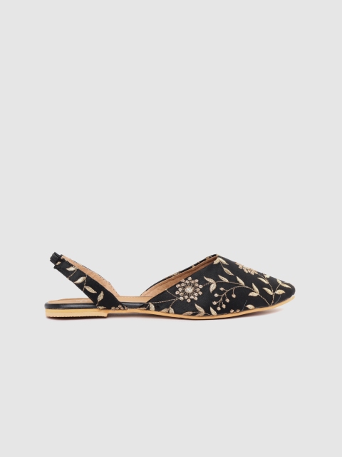 

House of Pataudi Women Black & Gold-Toned Embroidered Handcrafted Mules