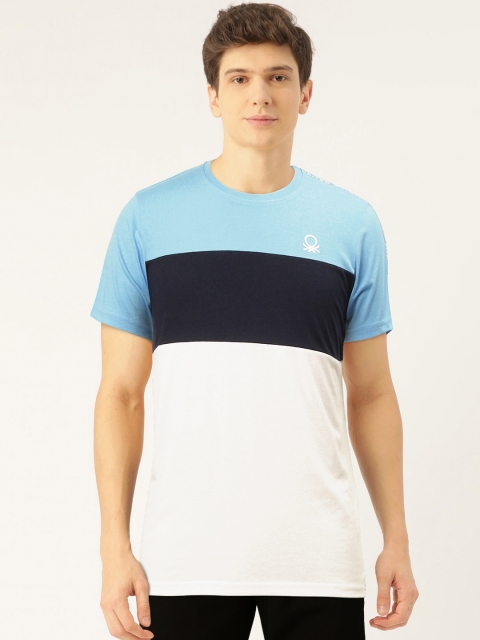 

United Colors of Benetton Men White & Blue Colourblocked Round Neck T-shirt