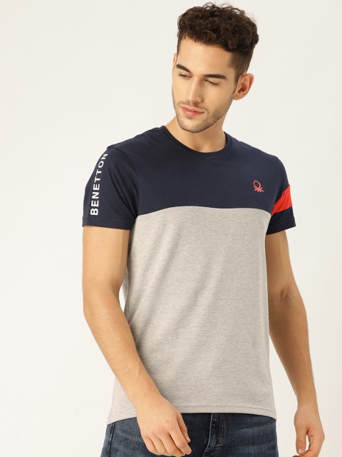 

United Colors of Benetton Men Grey Melange & Navy Blue Colourblocked Round Neck T-shirt