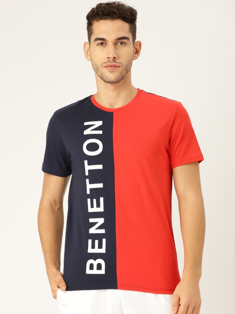 

United Colors of Benetton Men Navy Blue & Red Colourblocked Round Neck T-shirt