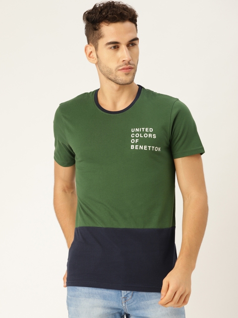 

United Colors of Benetton Men Green & Navy Blue Colourblocked Round Neck T-shirt